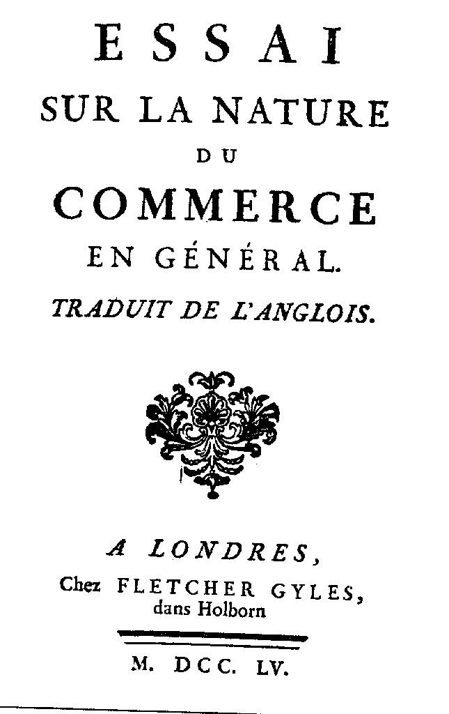 Fascimile of cover of Cantillon's 1755 Essay
