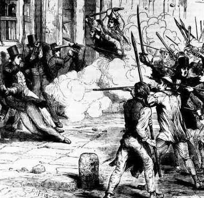  British Chartists attack the Westgate Hotel during the Newport Rising of 1838.